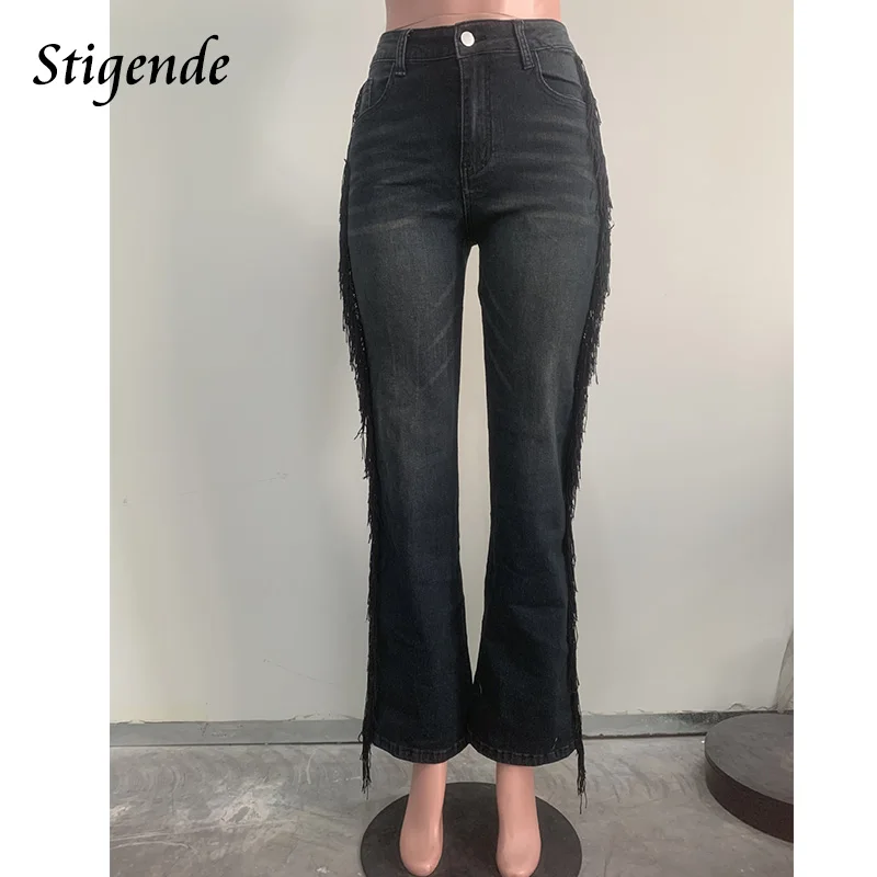 Stigende المرأة كاوبوي الجينز المرقعة شرابة الدنيم السراويل الشارع الشهير