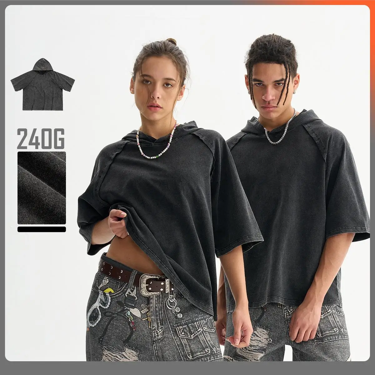 

Men's 240gsm Heavyweight Vintage Hooded T-Shirt,Raglan Sleeve & Patchwork Design,Washed Cotton Short Sleeve Casual High Quality