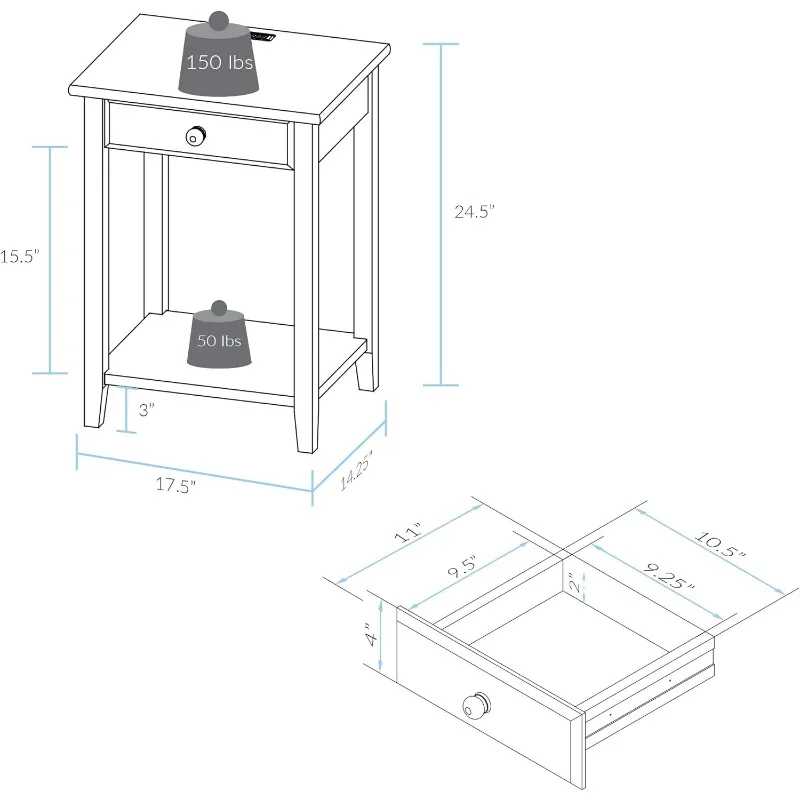 Night Owl Nightstand with USB Ports- 4USB charging ports built-in for convenient device charging, Warm Brown