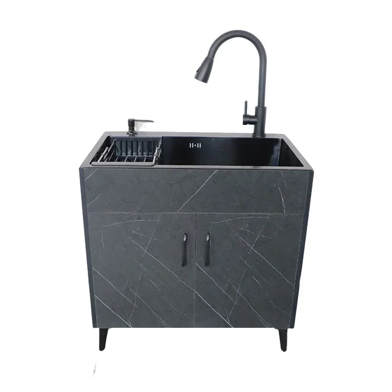 Kitchen sink integrated cabinet, stainless steel household single and double sink, floor standing simple cabinet