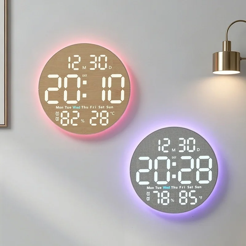 10 Inch Digital Wall Clock with Remote 9 Colors Mood Light  Date TEMP Humidity Timing Auto Dimming LED Alarm Clock for Gym Yoga