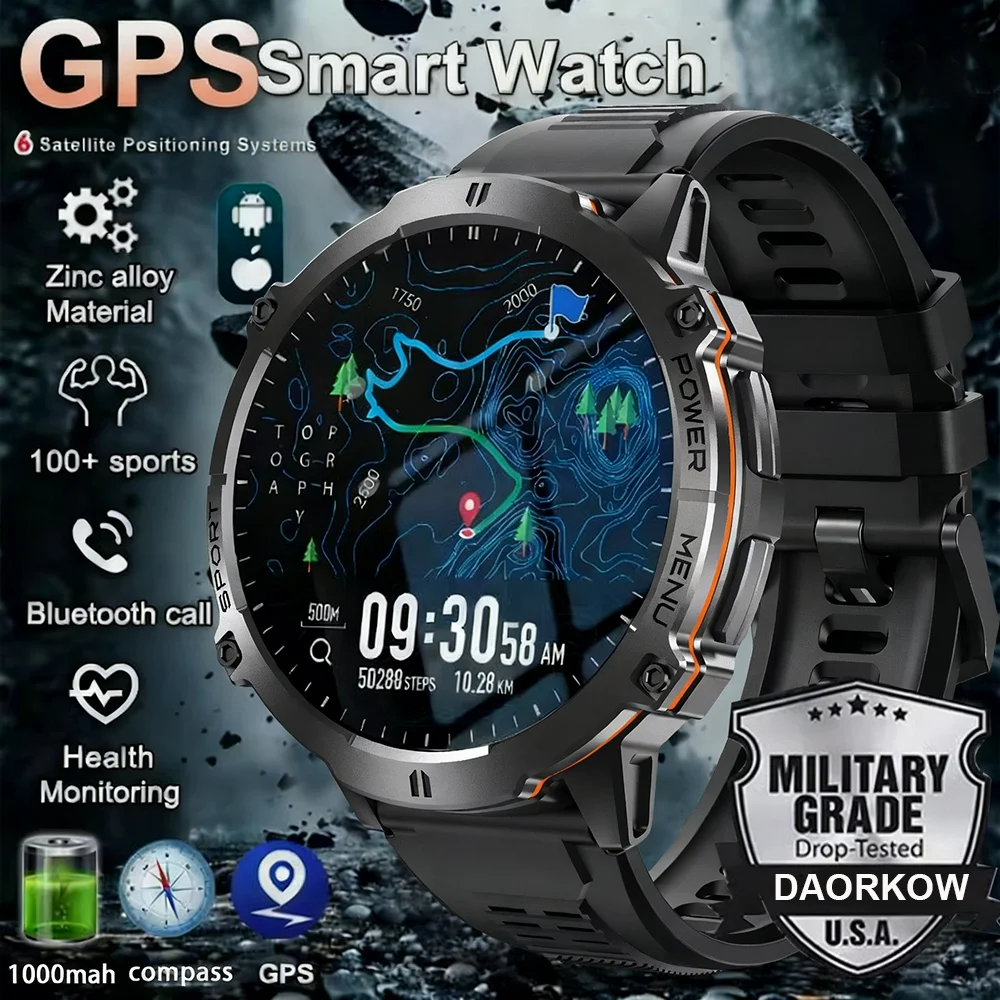

Смарт-часы в стиле милитари с аккумулятором 1000 мАч, 10 АТМ, водонепроницаемые, 100 + спортивный GPS-компас, альтиметр, BTCall AMOLED, мужские спортивные умные часы