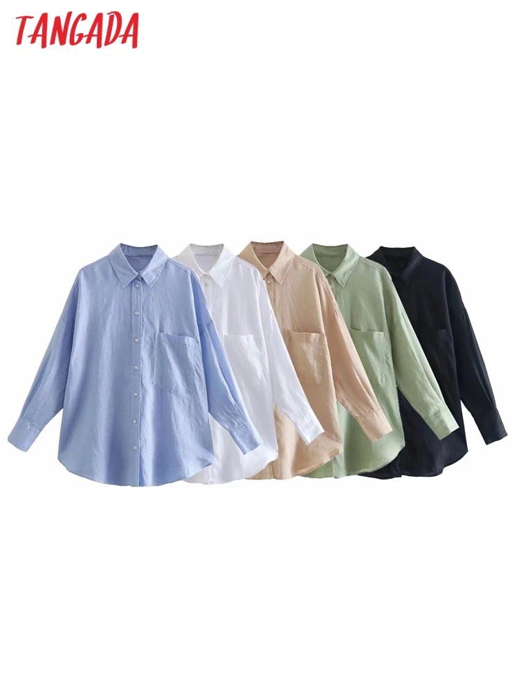 Tangada 2023 Women Oversized Cotton Linen Blouses Long Sleeve Female Loose Shirts Tops  4M330