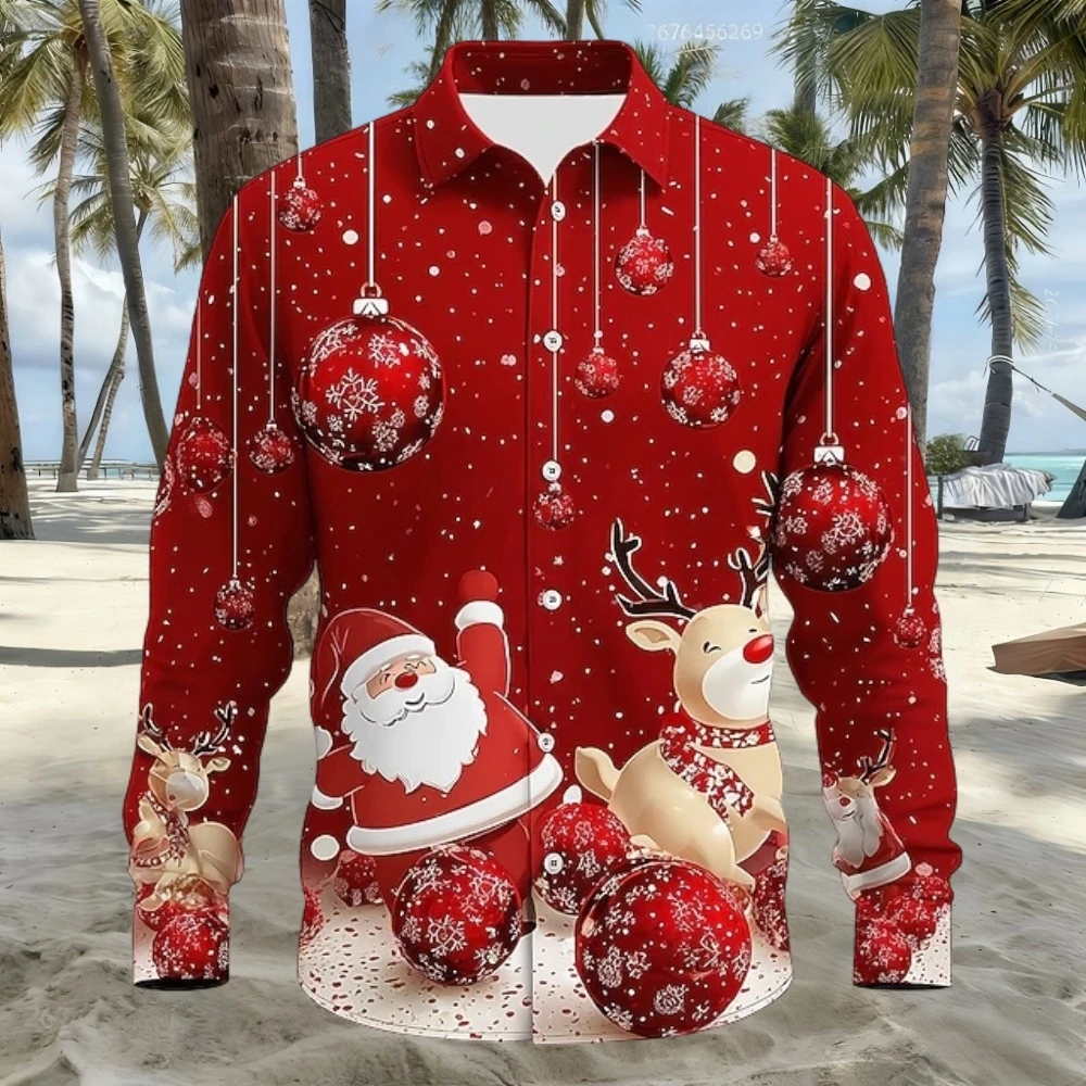 

2026 New Christmas Men's Snowflake Tie Print Shirt Button Long Sleeve Festival Autumn and Winter Lapel Shirt Fast Shipping