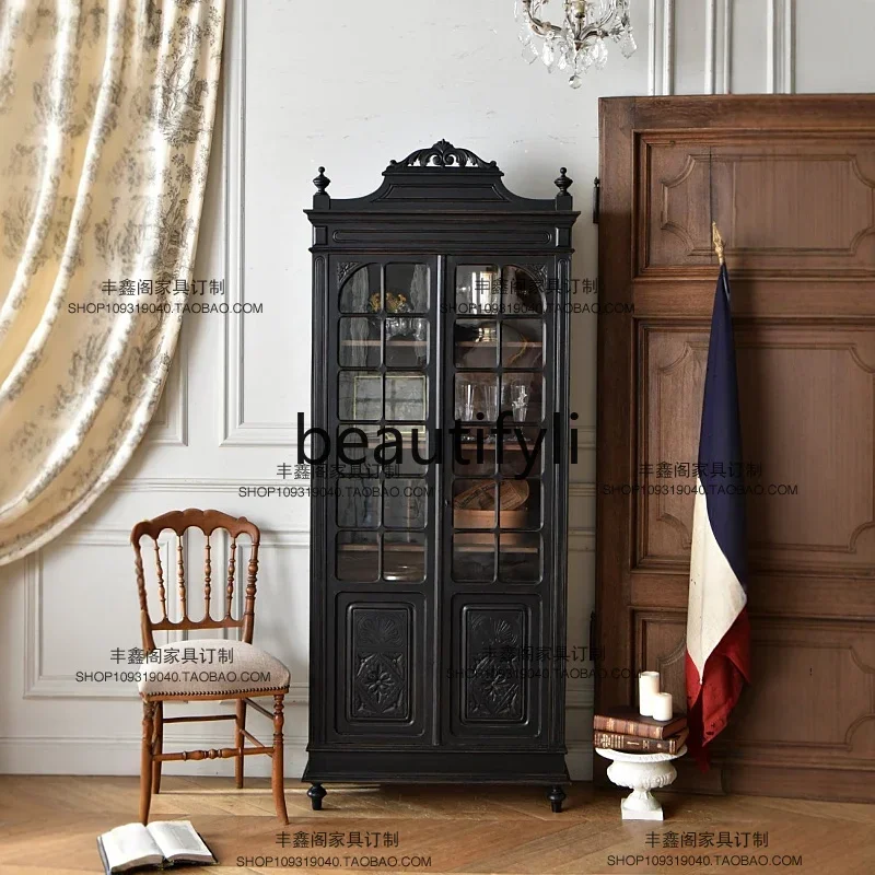 

French carved glass storage bookcase, black retro solid wood storage, wine cabinet display cabinet