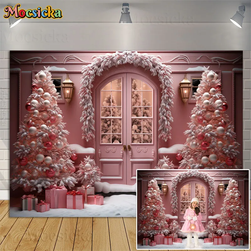 

Pink Christmas Tree Window Photography Backdrops Winter Snow Gift Girls Birthday Cake Smash Background Family Portrait Photocall