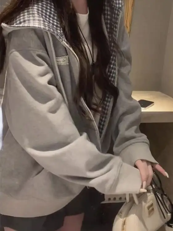 格子柄ジッパー付きフード付きレディースジャケット 春秋 2025年新作 韓国風 ゆったり オープンカーディガン ワイドフィット ロング丈