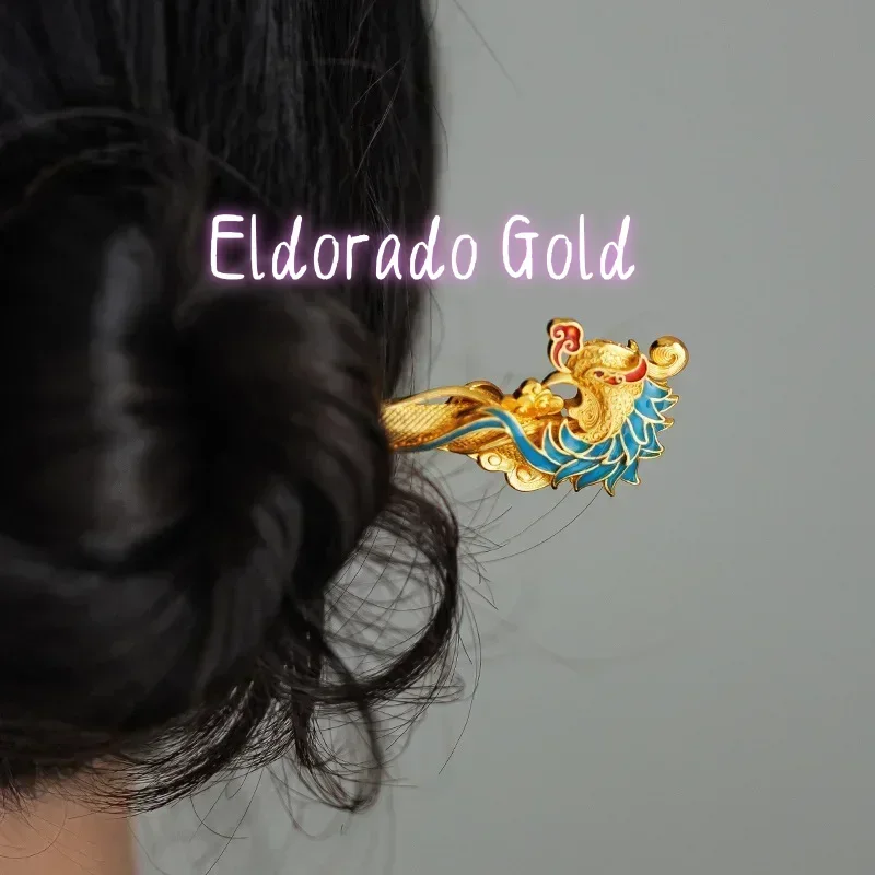 

Eldorado Gold 9999 Real Gold 24K New Enamel Color Phoenix Hairpin National Style Headgear Disc Hair, Retro Accessories