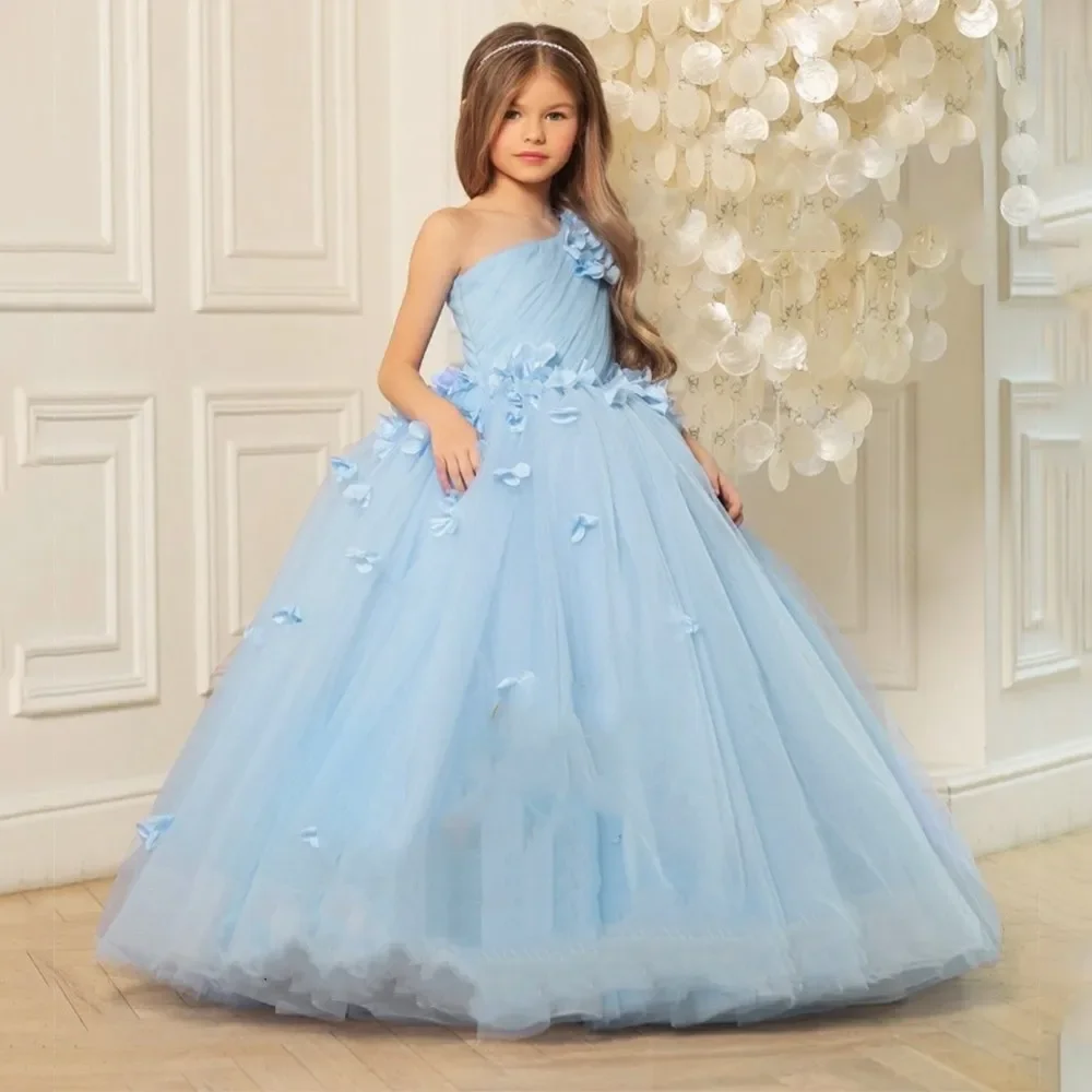 Flower Girl Dresses One Shoulder A Line Organza Winter Flower abito natalizio senza maniche con pieghe Princess Custom Formal Wear