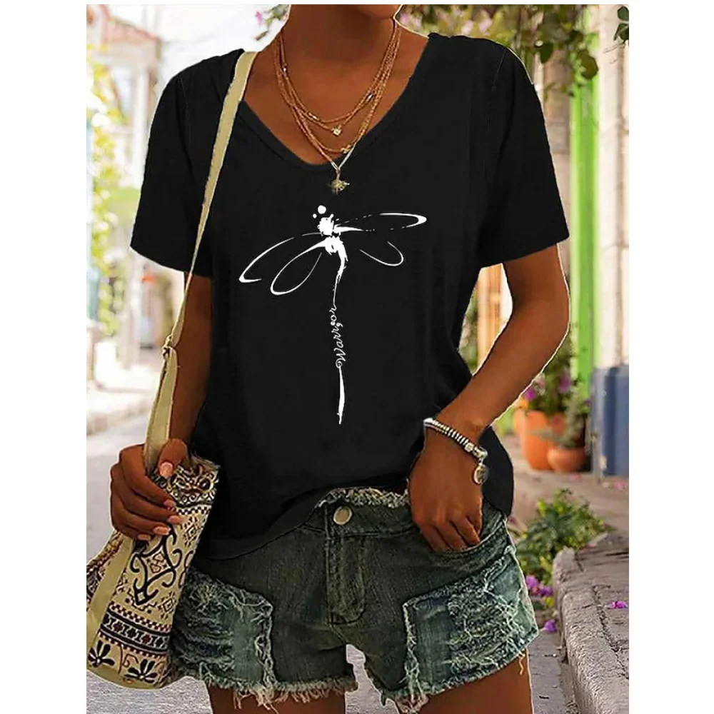 Women\'s T-Shirt Summer Dragonfly Print Tops Tees Casual Daily V Neck Blouse Women Oversized Pullovers Girls Minimalist Clothing