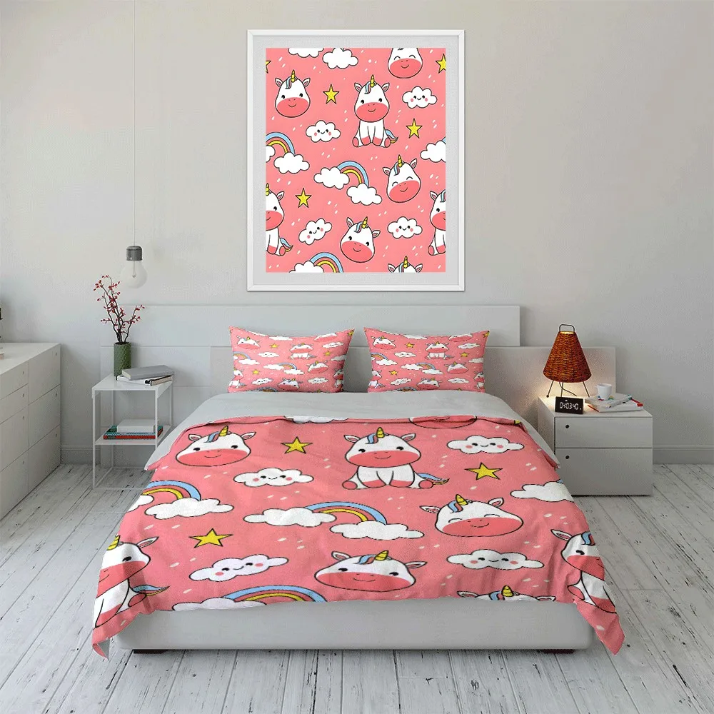 Unicorn Pattern Set for Kids Decor Exquisite three-piece bedding set gift for kids and adults