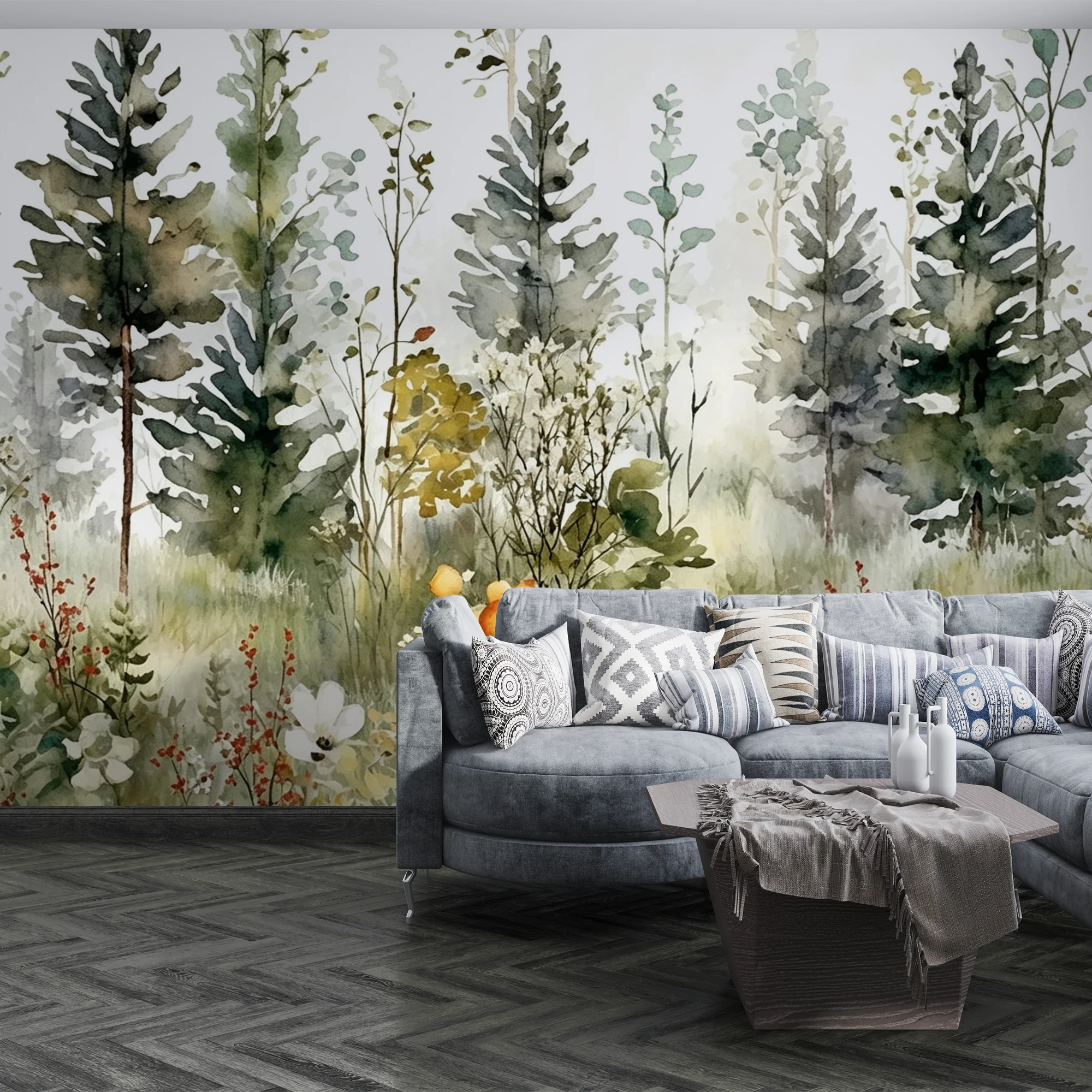 Watercolor Forest Floral Wallpaper, Green Pine Tree Wild Flower Wall Mural, Living Room Home Decor