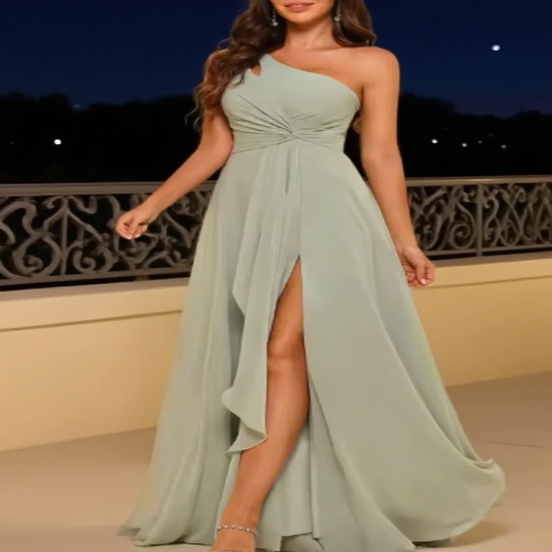 

Customized chiffon one-shoulder ball gown with slit A-line pleated women's formal evening dress