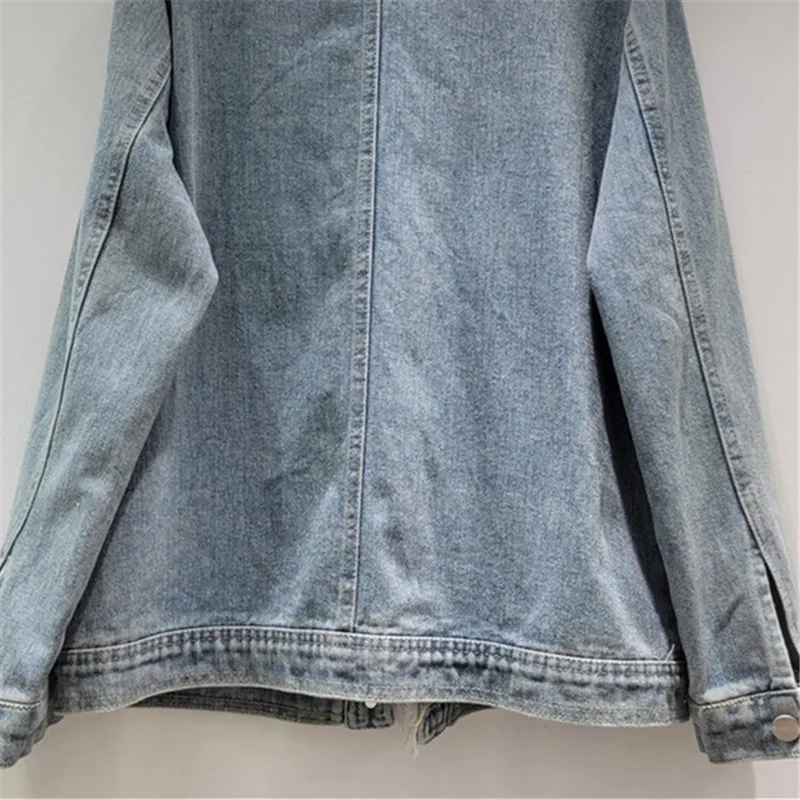 Heavy Work Beaded Diamond Big Pocket Blue Denim Jacket Autumn Women Casual Round Neck Multi-Pocket Long Sleeve Cowboy Outerwear