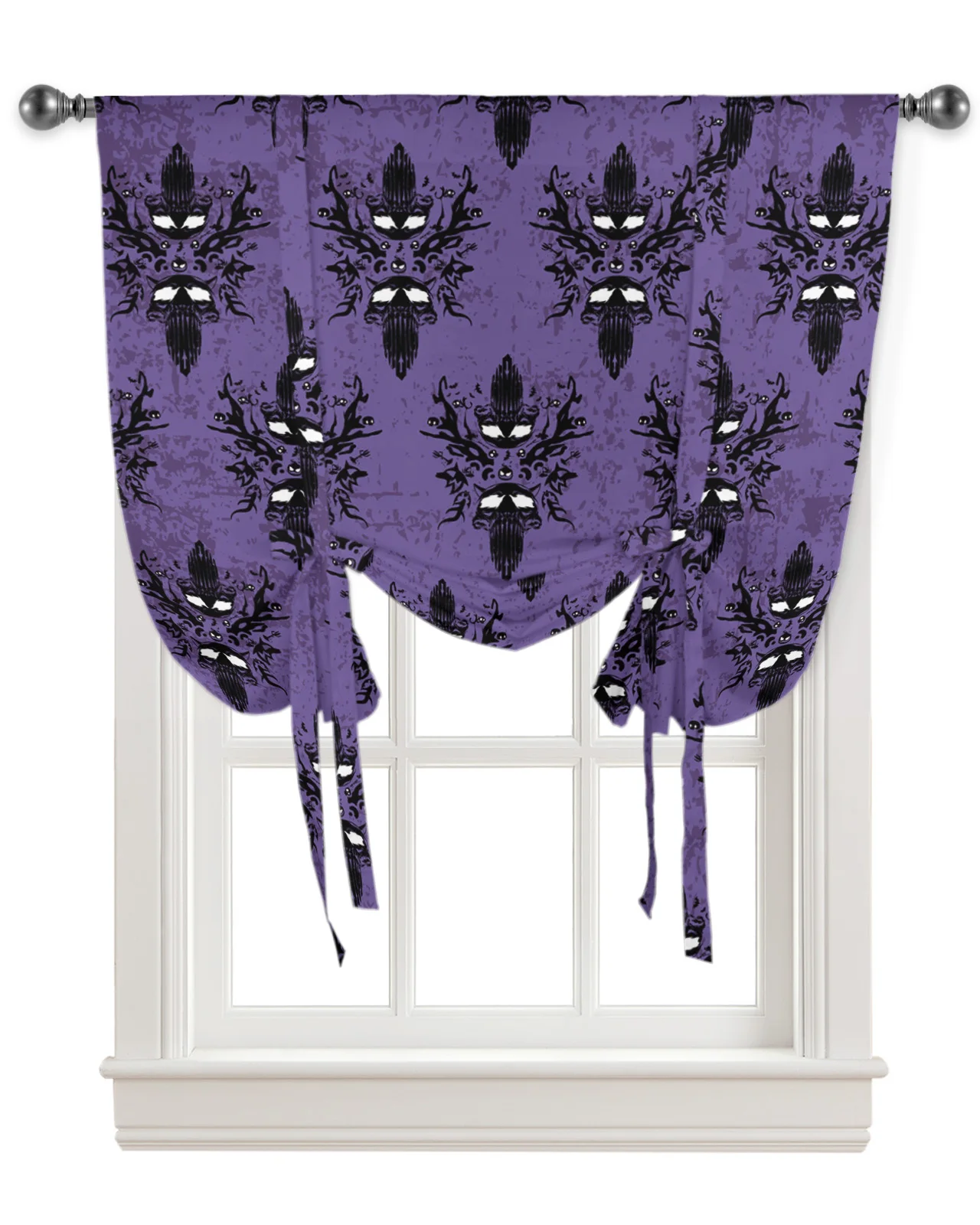 Haunted House Skull Bat Purple Window Curtain for Living Room Roman Curtains for Kitchen Cafe Tie Up Short Drapes