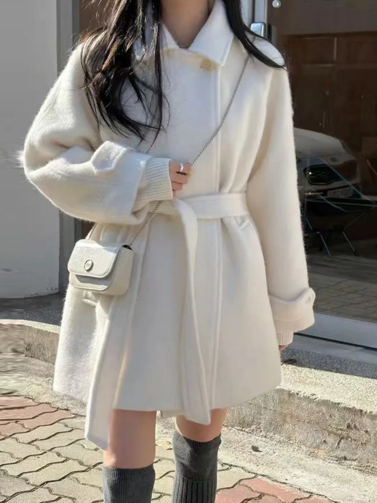 

Ele Winter Woolen Coat Women's Korean Sle Belted Waist Slimming Mid-Length Overcoat Collar Tied Waist Design