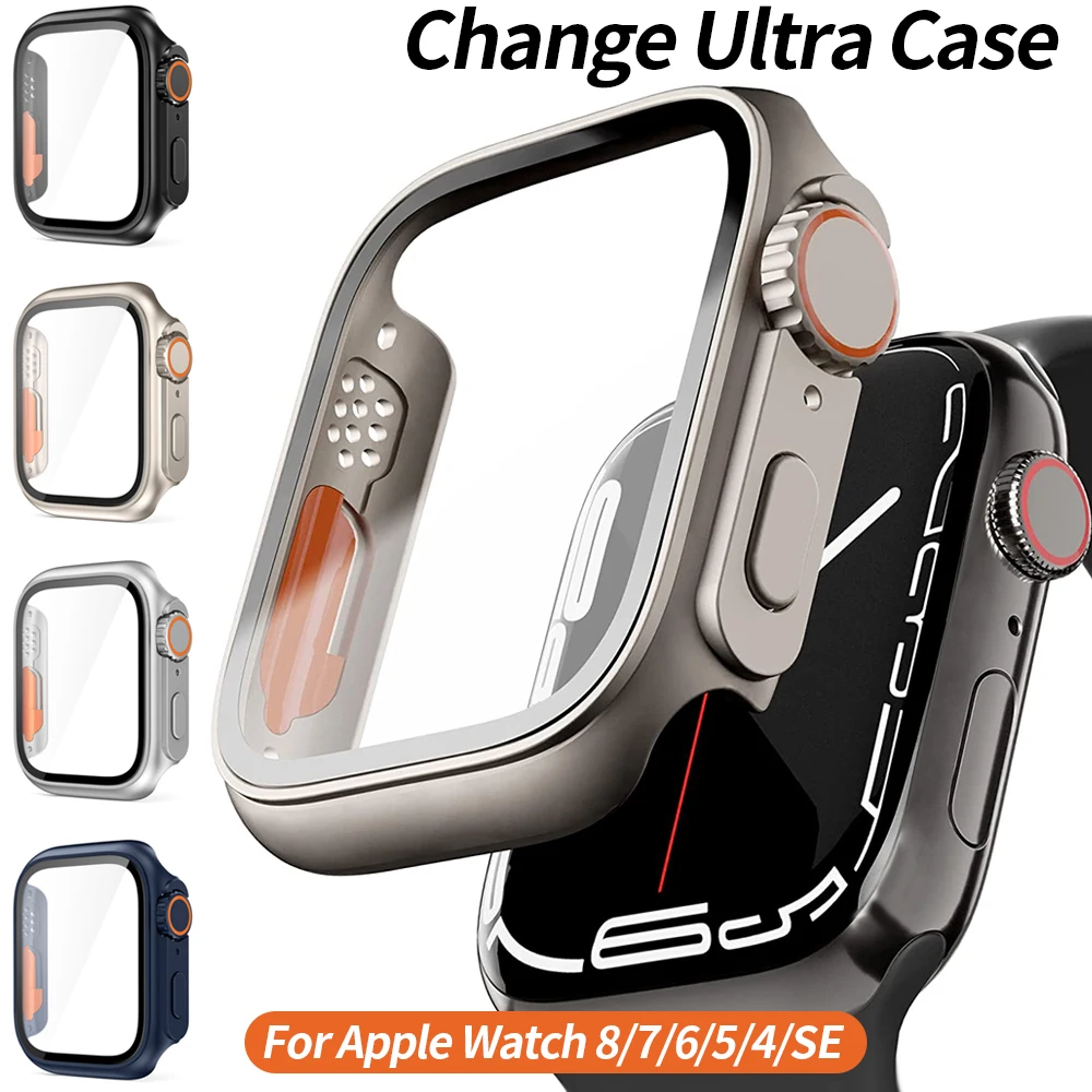 Glass+Case pour Apple Watch Case Series 8 7 45mm 41mm Screen Protector Cover Change to Ultra For iWatch 4 5 6 SE 44mm 40mm Bumper Cover