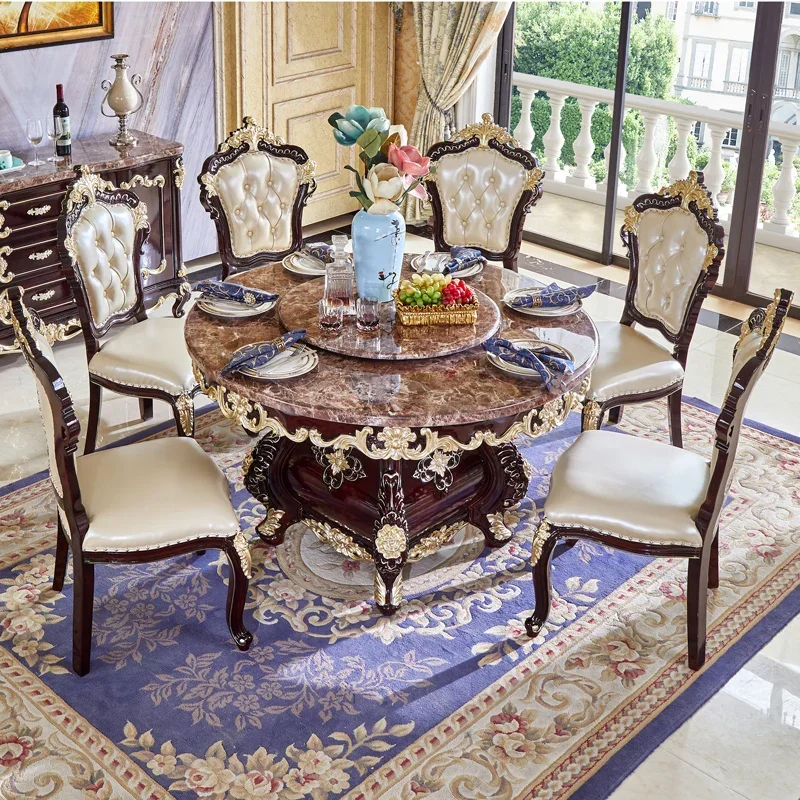 

Мраморный обеденный стол и стул в европейском стиле, комбинация твердой древесины, вилла, отель, большой круглый стол, американский неоклассический