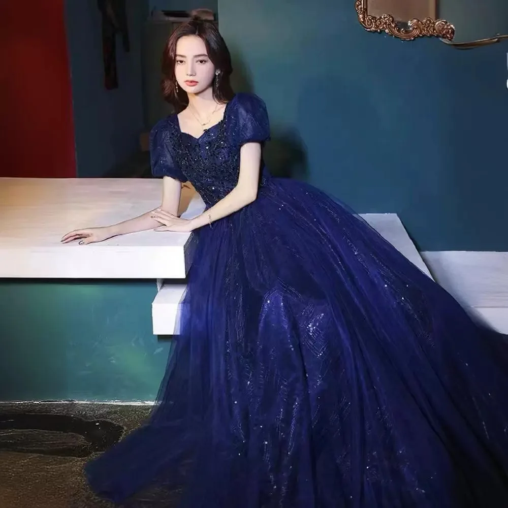 

Blue Evening Dress 2024 New Banquet Temperament Atmosphere Annual Meeting Host Vocal Art Test