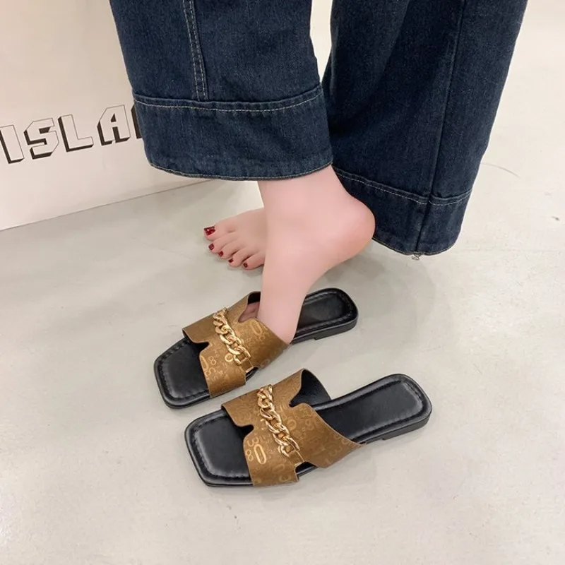 Large Size Flat Slippers for Women, Lightweight and Fashionable, Chain Square-Toe Thong Casual Outdoor Sandals Slippers Women