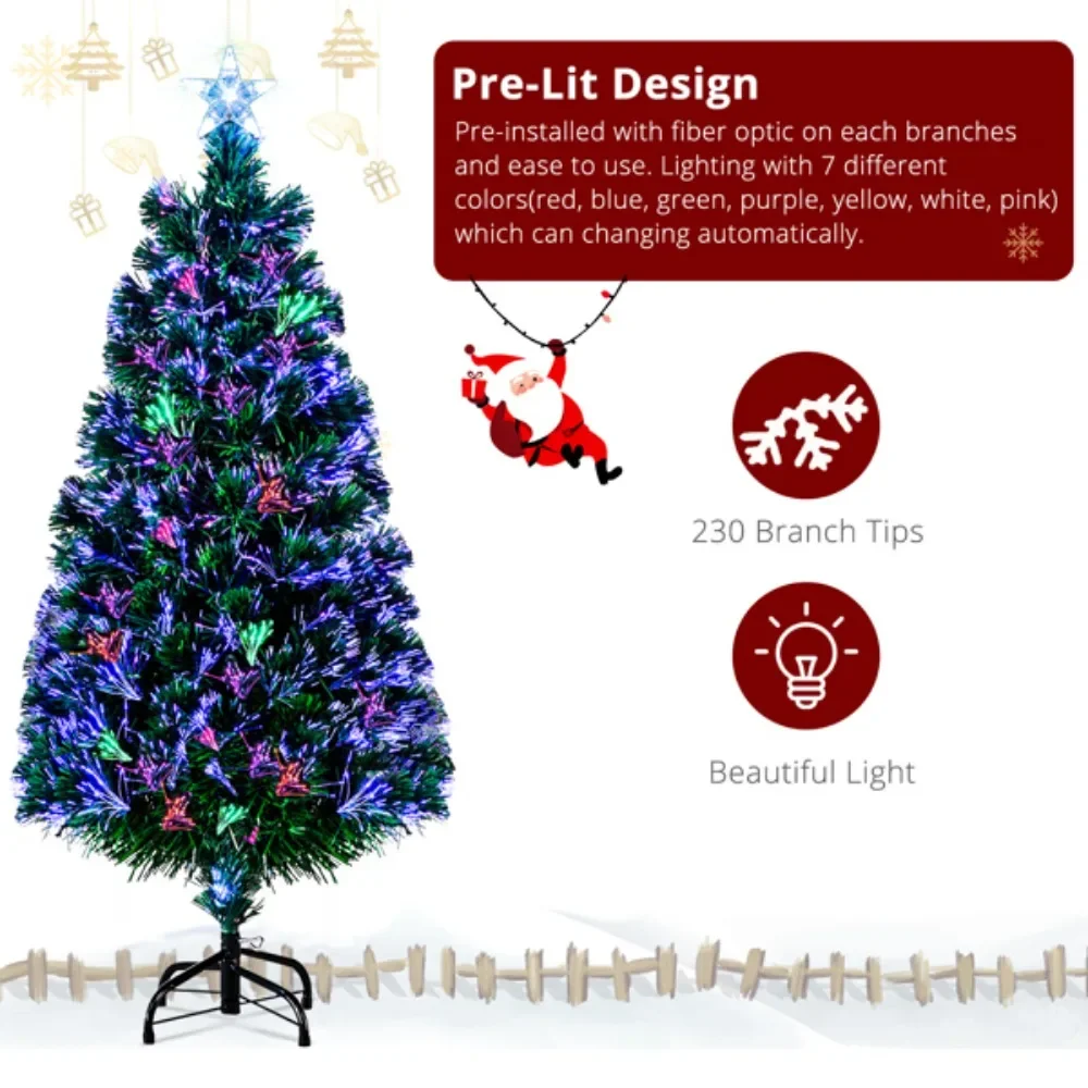 6ft Top With Stars PVC Material Fiber Optics 36 Lights With Snowflakes Colorful Color Change 230 Branches Christmas Tree Green