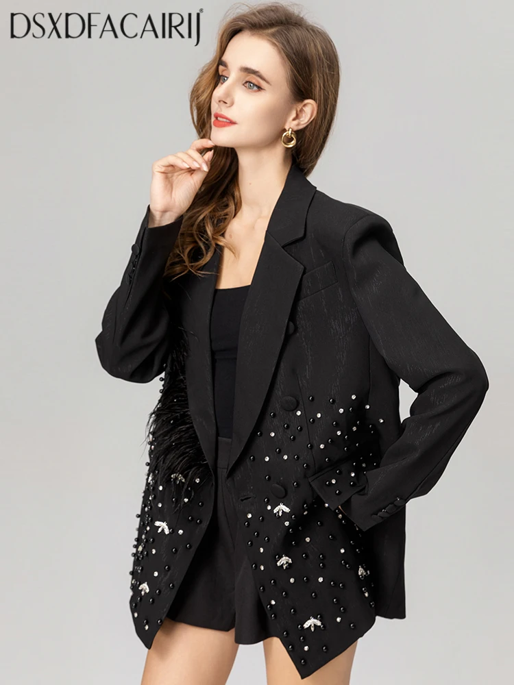 DSXDFACAIRIJ سترة نسائية بياقة مقلوبة وأكمام طويلة ريش مطرز بزر واحد موضة شارع العليا Autumnn