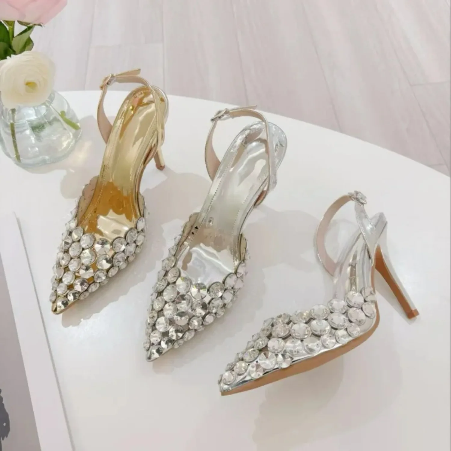 

Summer Women Bridal Glam Transparent Big Rhinestone Pointed Toe Ankle Buckle Stiletto Slingback Sandals Wedding Banquet Occasion