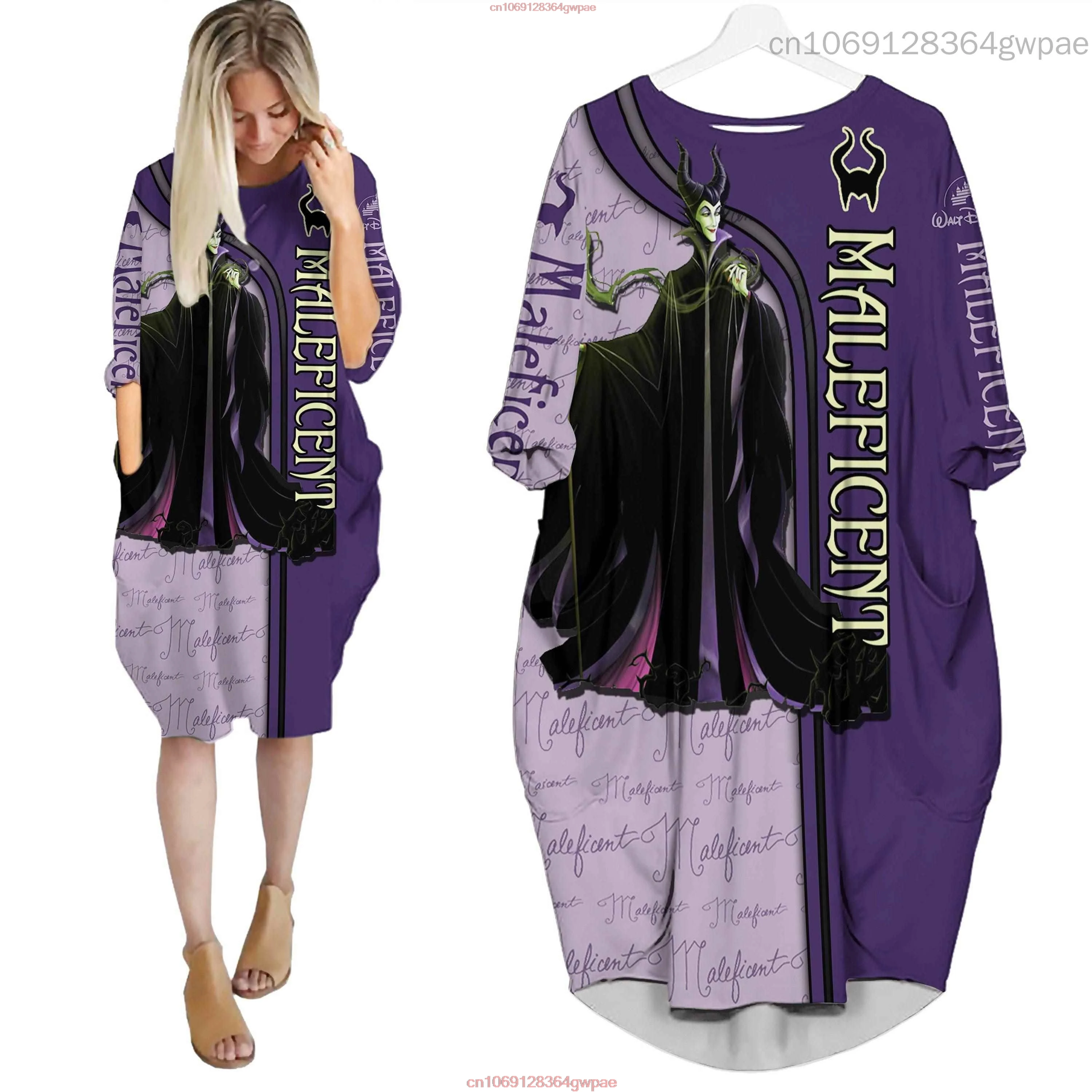 Maleficent Oversize Long Sleeves Pocket Dress Disney Cartoon Batwing Pocket Dress Women\'s Fashion Versatile Loose Party Dress