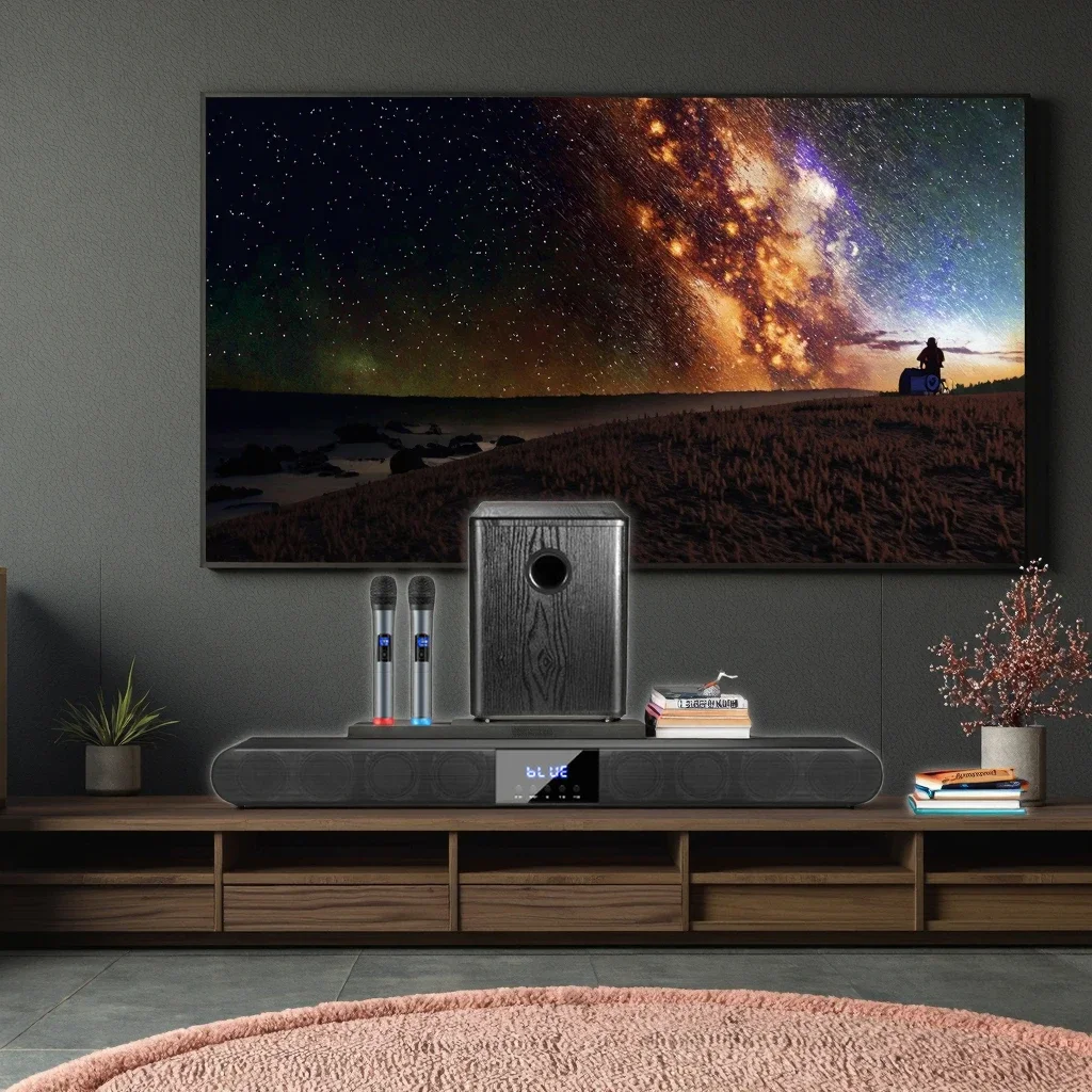

High Power 3D Surround Stereo Home Theater System Wireless Microphone Sound Blaster Bar Subwoofer Cinematic Experience Plastic