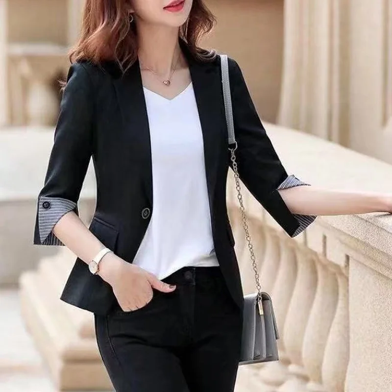 2024 Summer Korean Commuting Simple Fashion Flip Collar Single Button Slim Fit Versatile Three Quarter Professional Suit Coat