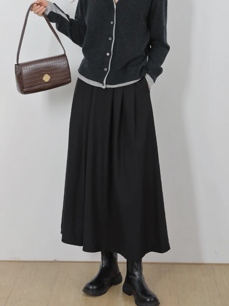 

Slimming A-Line Skirt Woolen Pleated Winter High Waist Korean Style Women's Fashion Half Body Skirt Handmade Tuck