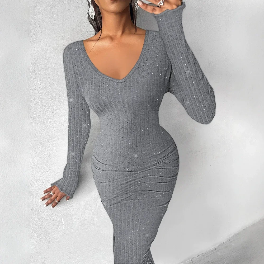 

Dresses for Women Elegant Cocktail Party Gown Skirt V-Neck Long Sleeve Rhinestone Decor Ribbed Slit Bodycon Midi Dress Fall 2024