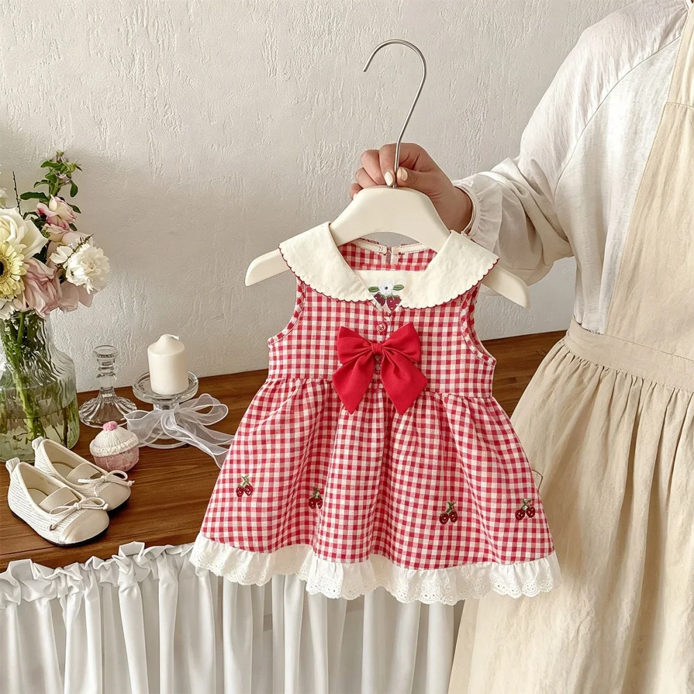 Babykleid Sommer Kariert mit Schleife Niedliches Ärmelloses Mädchenkleid Süßes Strandkleid Kinderkleid Babykleidung