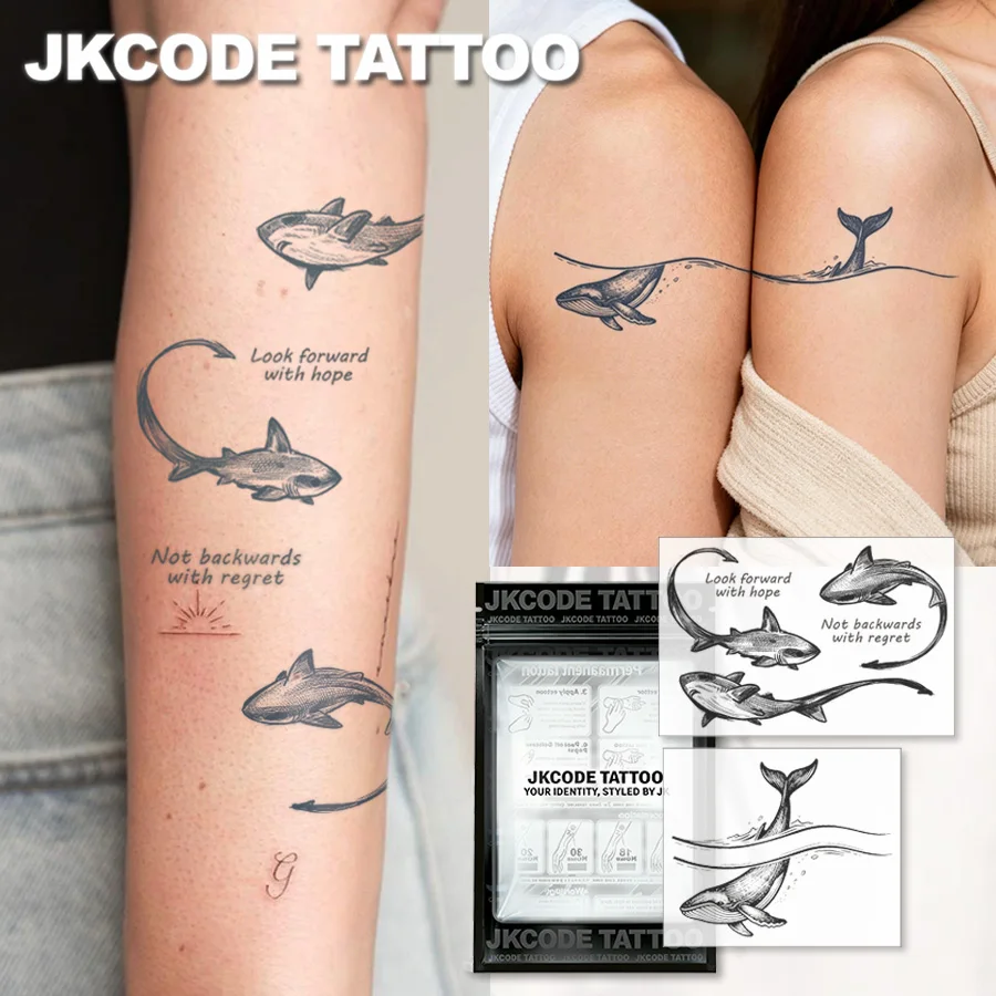 2-teiliges Semi-Permanentes Tattoo-Set |   Wal-Tattoos im Ozean, Hai-Tattoos, Valentinstag-Tattoos, Paar-Tattoos für den Arm, wasserfest, realistische Fake-Tattoos, Pflanzen-Tattoos, magische Tattoos,