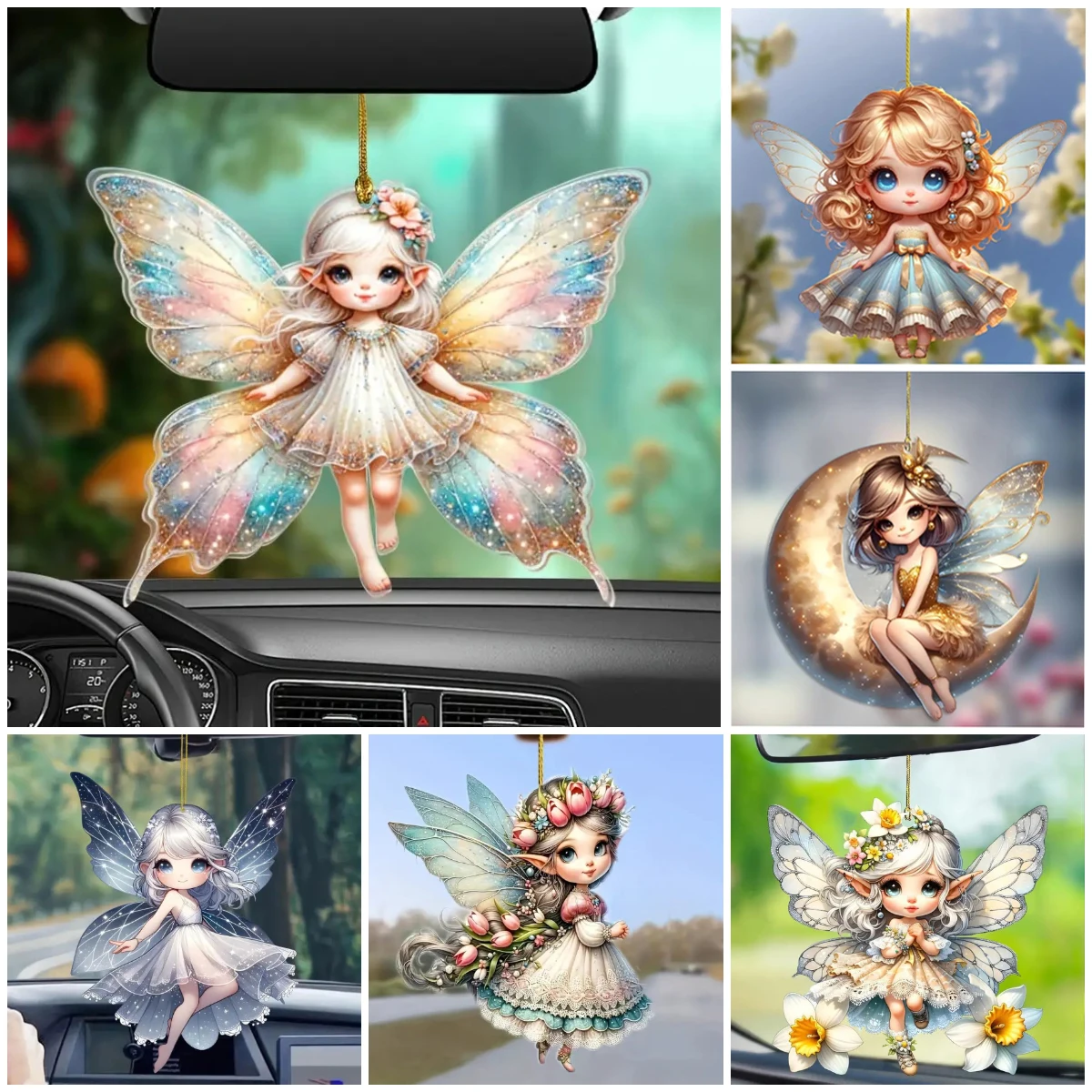 Cute 2D Acrylic Angel Elf Pendant Flower Fairy Charms Backpack Pendant Cartoon Butterfly Fairy Car Rearview Mirror Hanging Decor