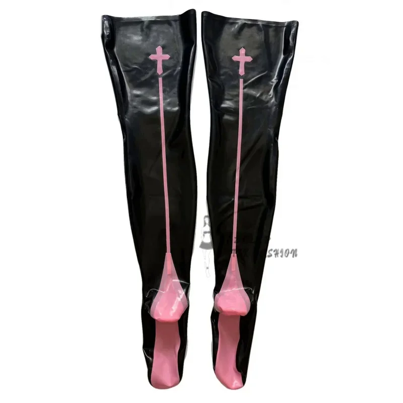 

Sexy Long Latex Stockings with Cross and Stripes at Back Heel Rubber Thigh High Stockings