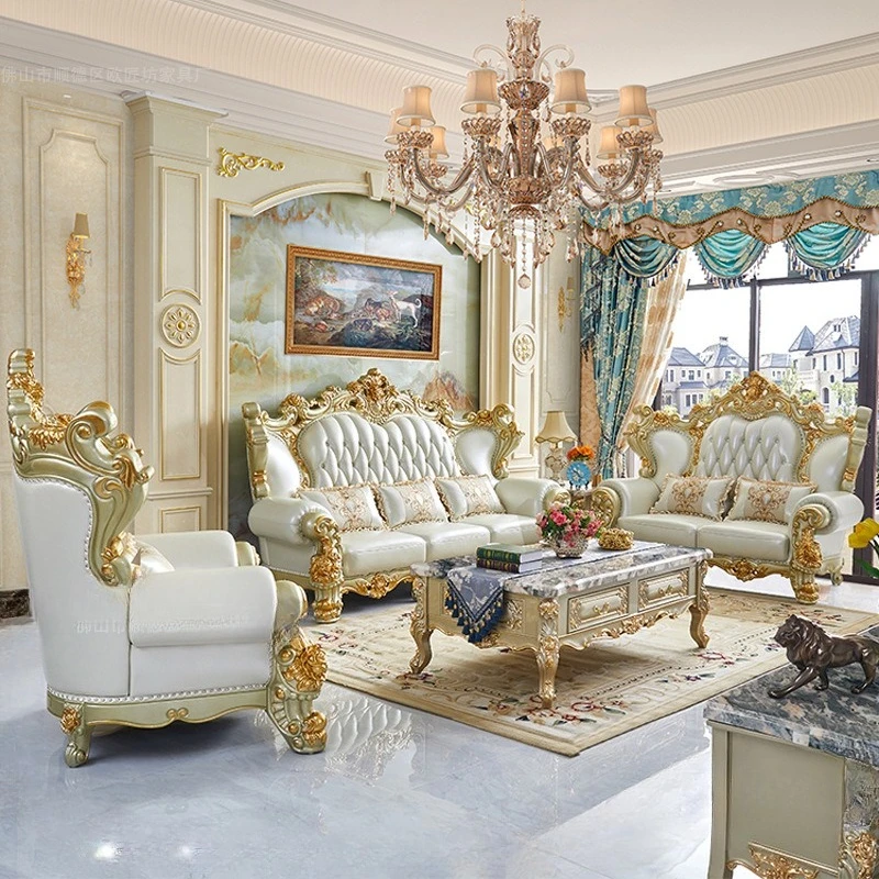 Wohnzimmer erste Schicht Rindsleder Sofa Kombination Massivholz doppelseitige Schnitzerei