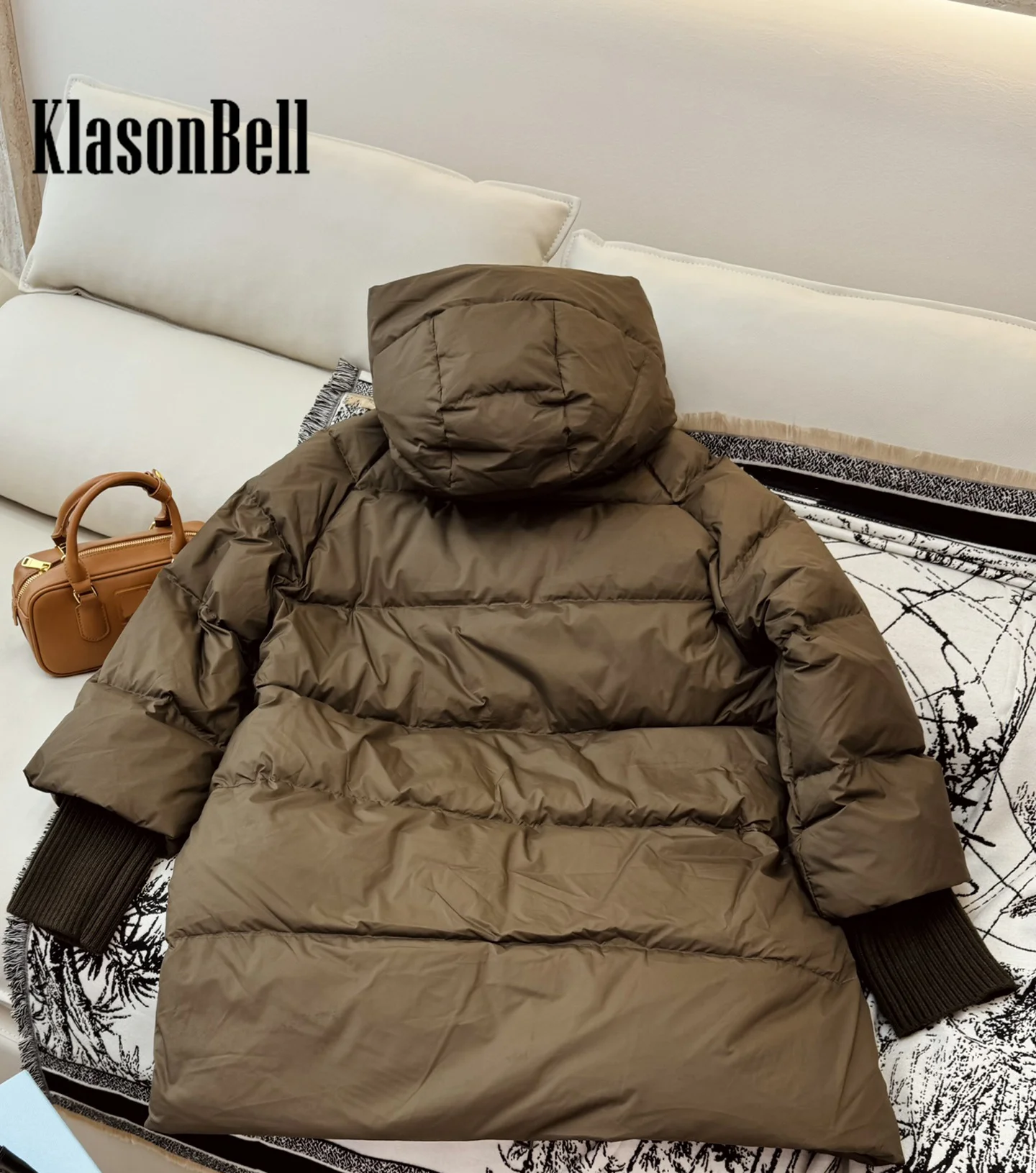 9.5 KlasonBell Women Fashion Casual Ribbed Knit Long Sleeve Spliced Design Hooded Mid-Length White Goose Down Outerwear