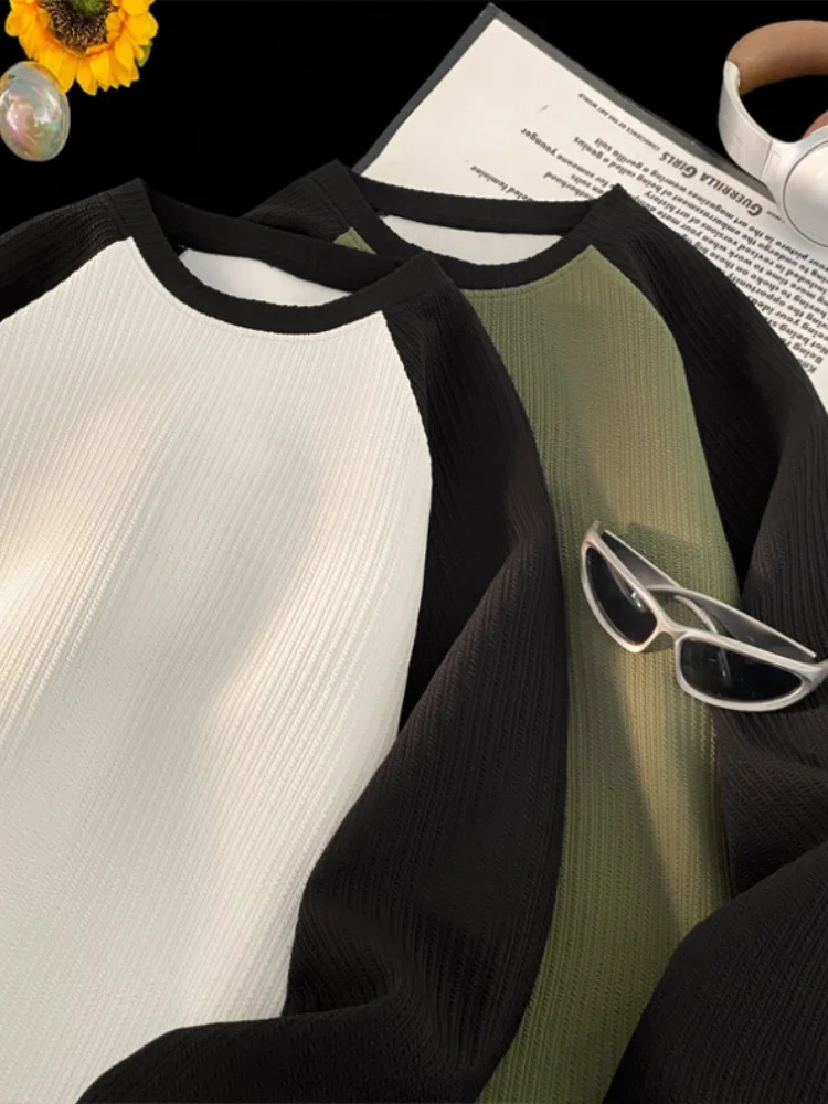 

Men's Long Sve round Ne T-irt Texture Sensation Base irt American Retro Color Blo Spring Autumn Wear Underwear