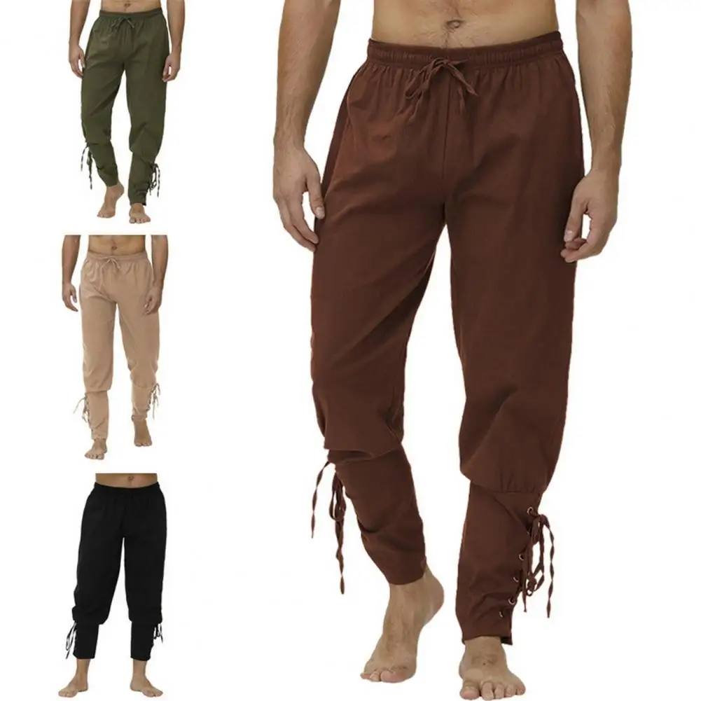 

Calf Tie Pants Traditional Medieval Theater Costumes Men's Mid-rise Elastic Drawstring Waist Calf Tie Leggings Solid Color