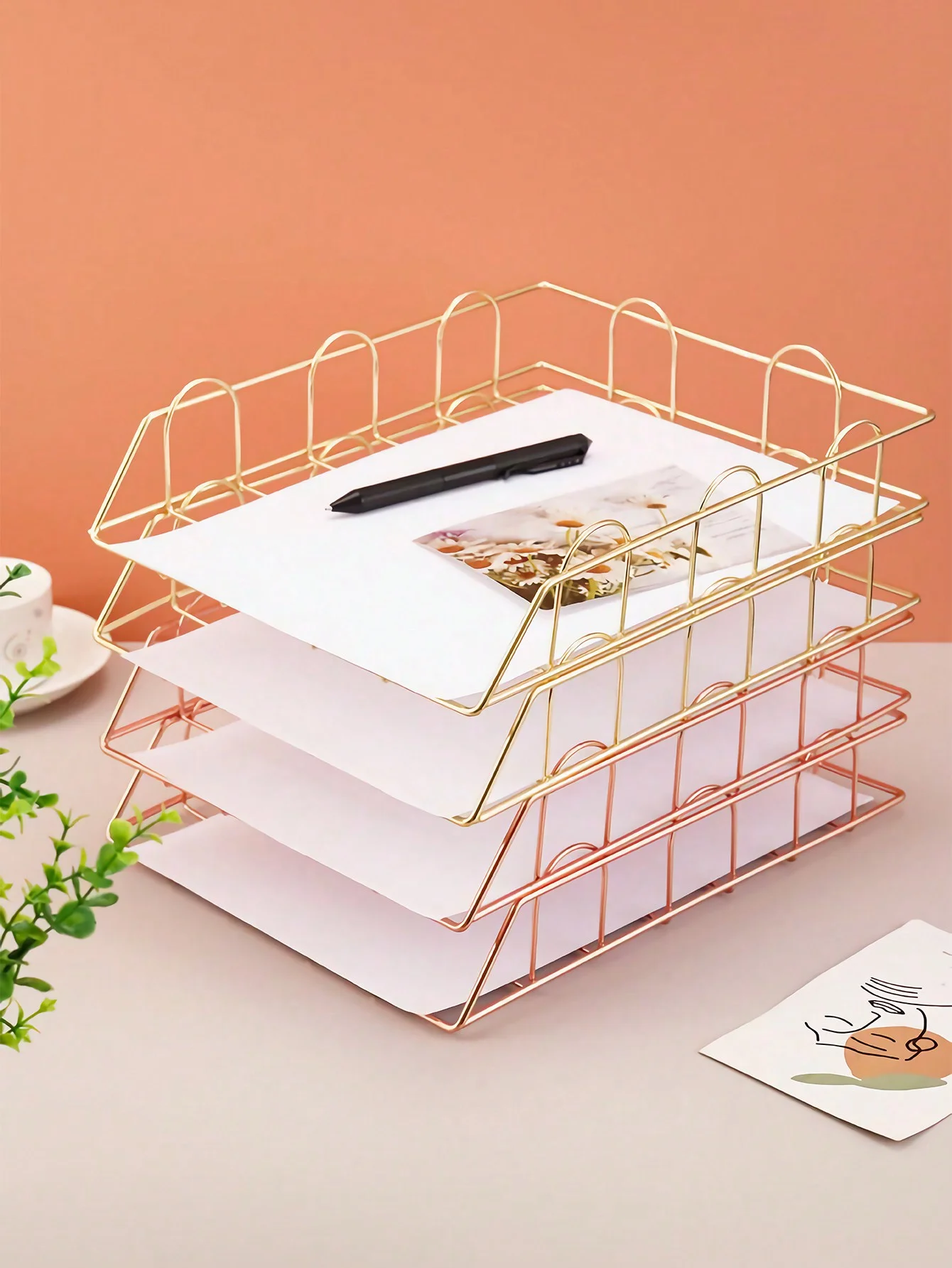 1pcs Desktop File Organizer Metal Stackable Horizontal Letter Tray Paper Holder Rack