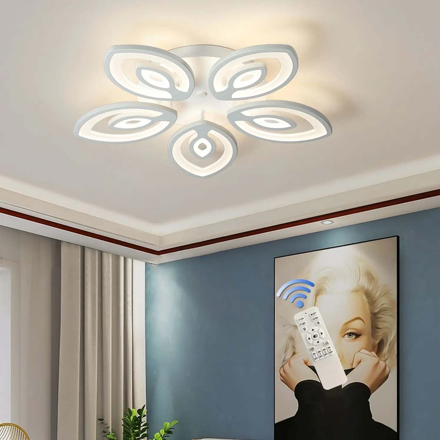 

LED Ceiling Lights Modern Acrylic Ceiling Lamp Fixture with Remote Control 5-Light Flower Flush Mount Chandelier (45W/25.6in)