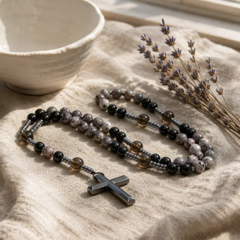 Yuma Religious Natural Obsidian Yooperlite & Hematite Cross Pendant Men Necklace UV Reactive Protection Christ Jewelry