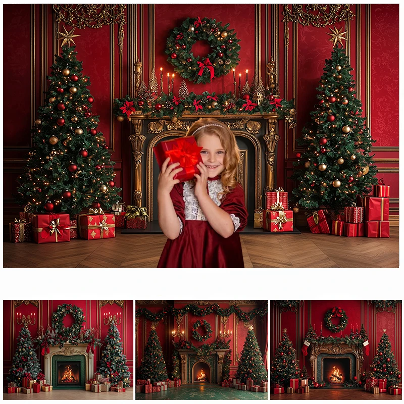 

LS Christmas Room Photography Background Xmas Tree Fireplace Wreath Decoration Adults Kids Portrait Photo Backdrops Studio Props