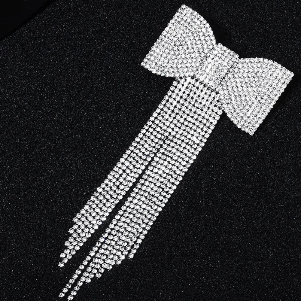 1 قطعة حجر الراين Bowknot مشبك شعر شرابة طويلة دبوس الشعر الفضة الزخرفية حلية شعر لحفل الزفاف هدية شرابة دبوس الشعر #6