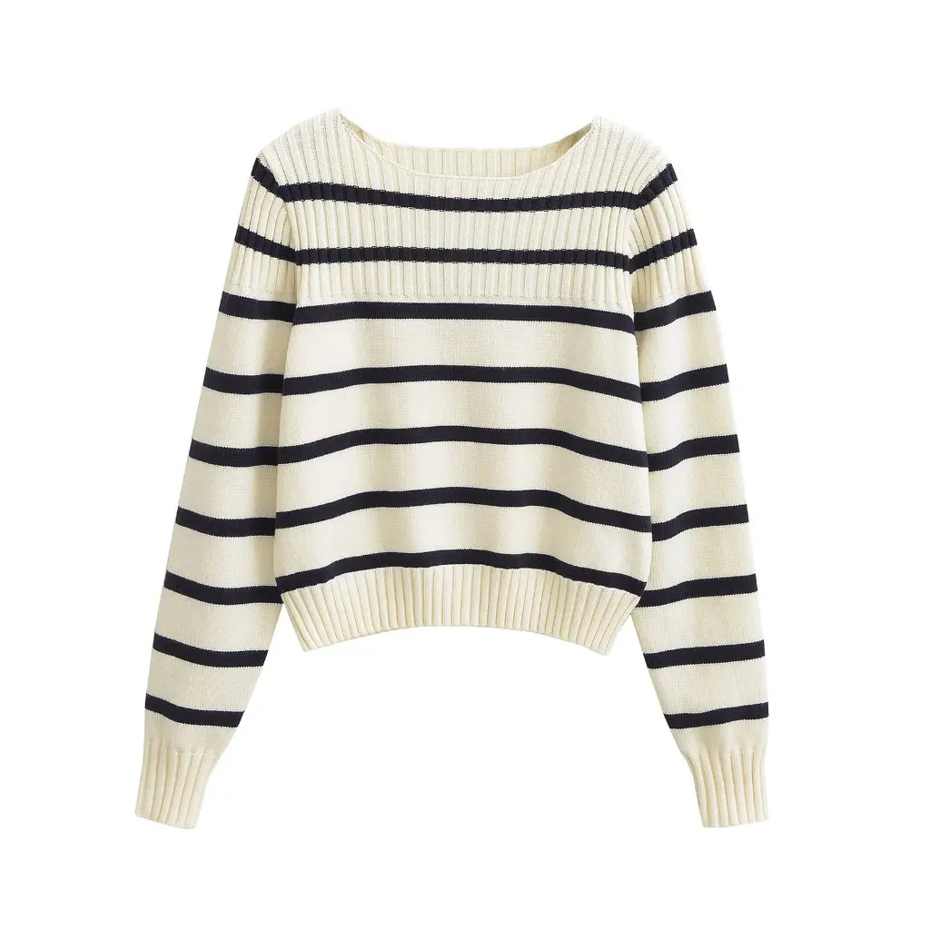 

Women's Contrast Color Striped Slant Shoulder Sweater Korean Style Elegant Knitwear Autumn All-match Fashion