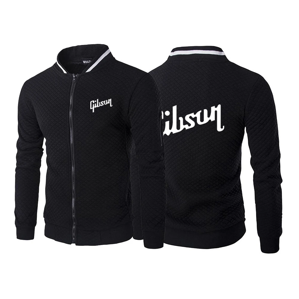 2025 primavera y otoño hombre guitarra Gibson Logo estampado solapa cuello cremallera Color sólido abrigo ajustado cómodo chaqueta con capucha