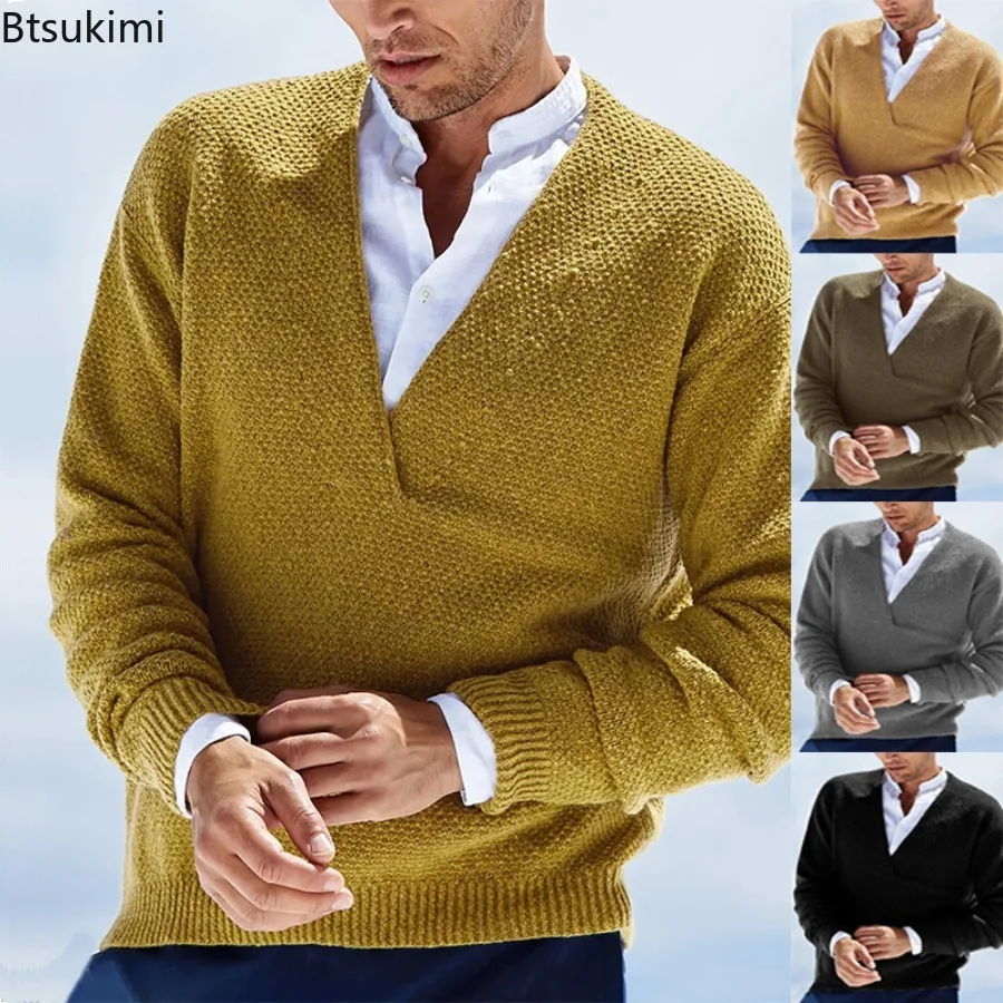 

New Autumn Winter Warm V-Neck Men Sweater Vintage Style Long Sleeve Knitted Sweater Pullovers Fashion Solid Color Man Streetwear