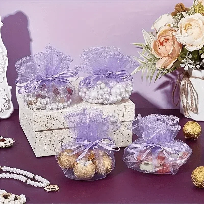 20 bolsas de organza color lila claro con cierre de cremallera y cinta de satén, ideales como estuches para regalos de joyería en bodas, cumpleaños, bautizos y fiestas.