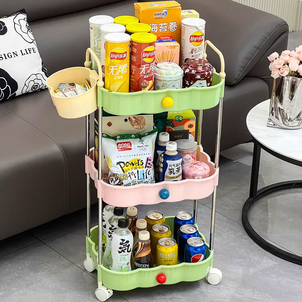 4Tier Movable Storage Organizer with Wheel Plastic Mobile Shelving Unit Utility Cart Tower Rack for Kitchen Laundry Narrow Place